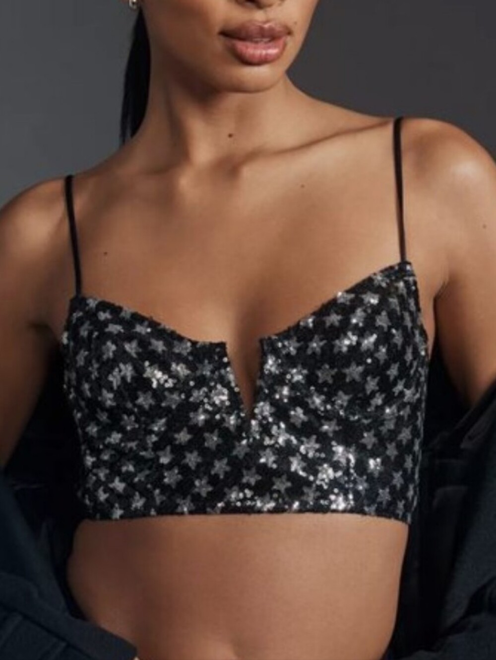 Anthropologie Silver Stars Sequin Bralette Crop Top Black NWOT XS